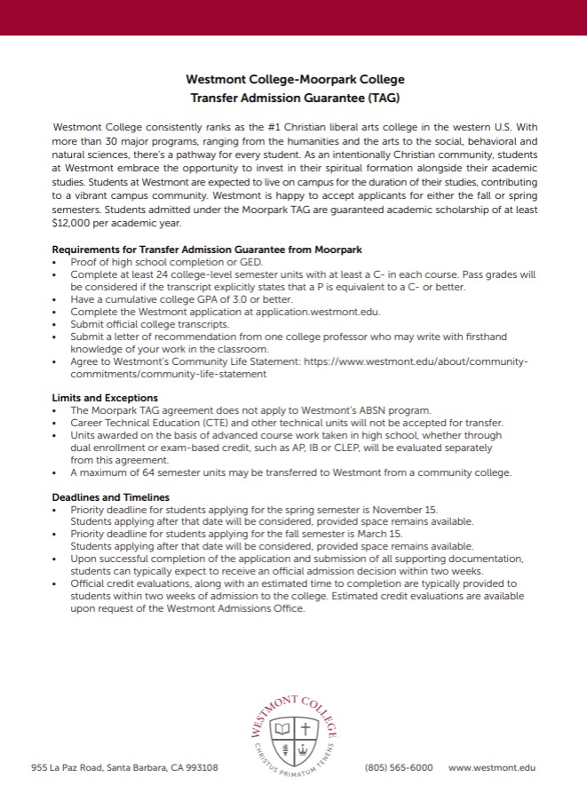 Westmont College TAG Agreement with Moorpark College